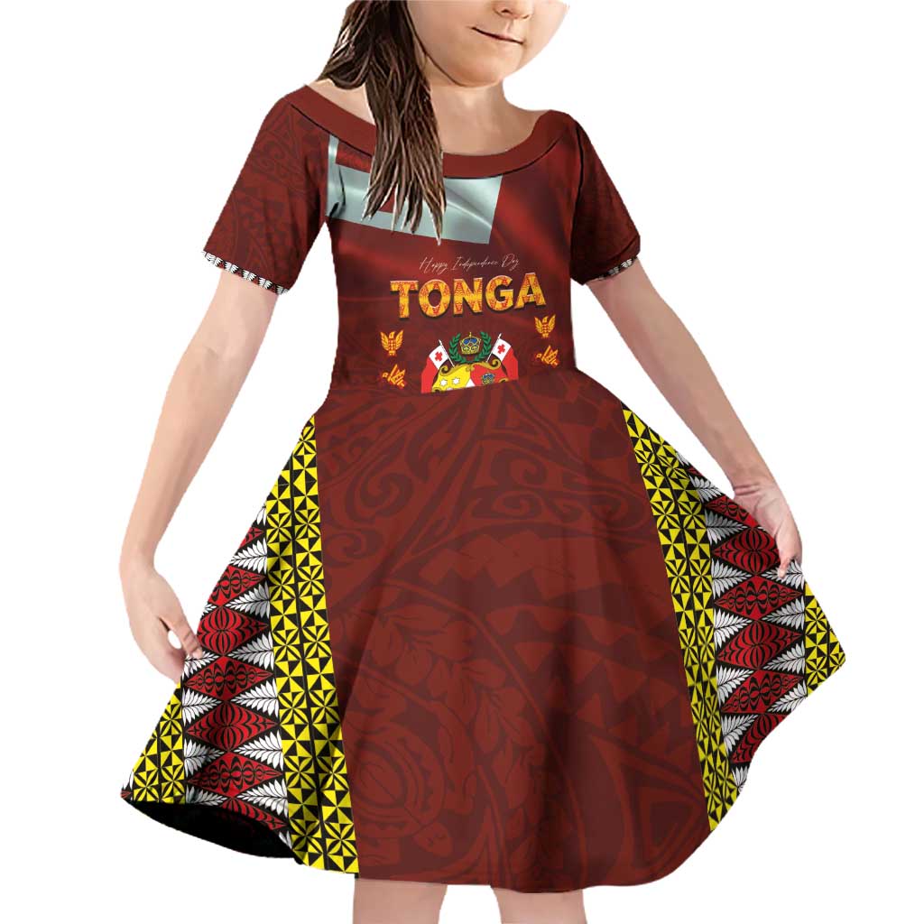 Tonga Independence Day Family Matching Off Shoulder Short Dress and Hawaiian Shirt National Flag and Emblem with Ngatu Art Pattern