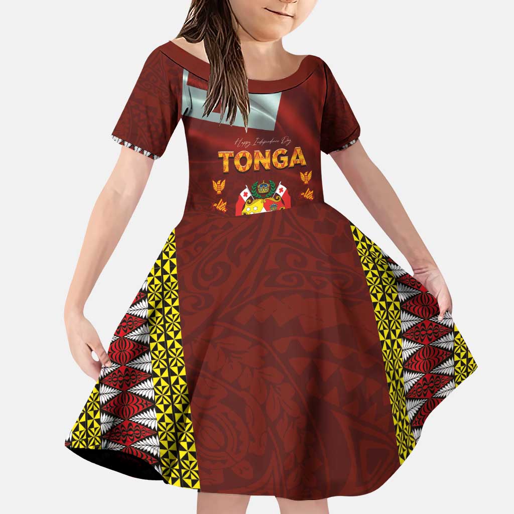 Tonga Independence Day Family Matching Puletasi and Hawaiian Shirt National Flag and Emblem with Ngatu Art Pattern LT03 Daughter's Dress Red - Polynesian Pride