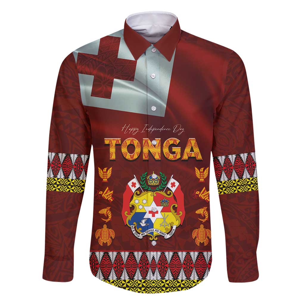 Tonga Independence Day Family Matching Puletasi and Hawaiian Shirt National Flag and Emblem with Ngatu Art Pattern LT03 Dad's Shirt - Long Sleeve Red - Polynesian Pride