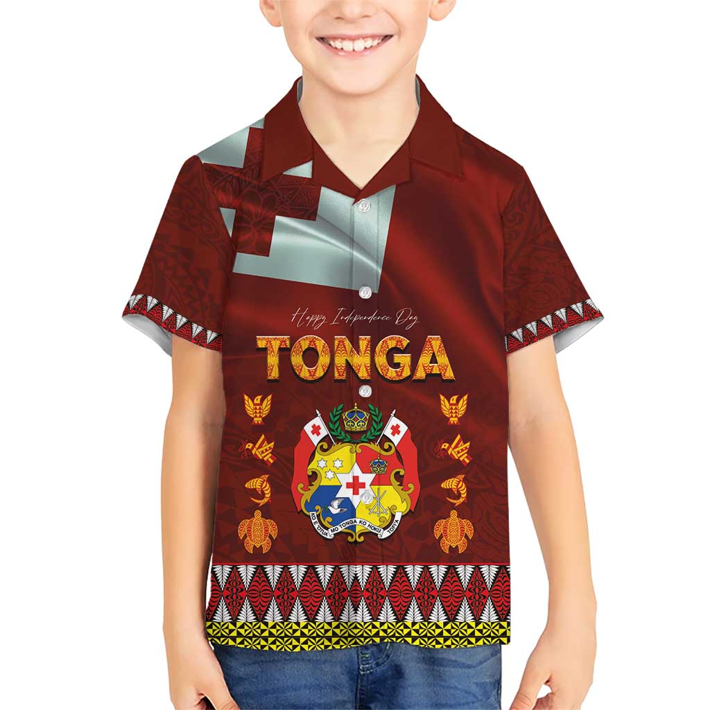 Tonga Independence Day Family Matching Short Sleeve Bodycon Dress and Hawaiian Shirt National Flag and Emblem with Ngatu Art Pattern LT03 Son's Shirt Red - Polynesian Pride