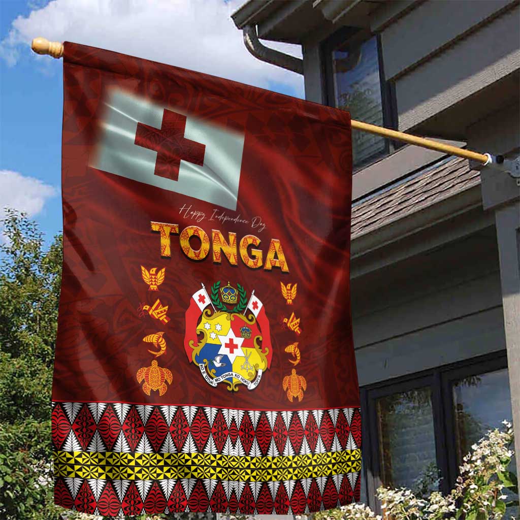 Tonga Independence Day Garden Flag National Flag and Emblem with Ngatu Art Pattern LT03 - Polynesian Pride