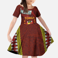 Tonga Independence Day Kid Short Sleeve Dress National Flag and Emblem with Ngatu Art Pattern