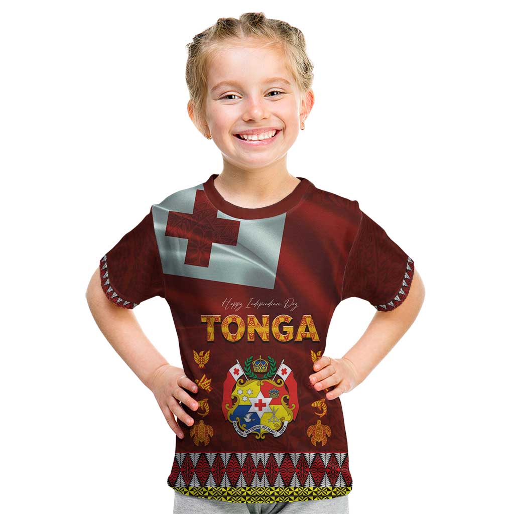 Tonga Independence Day Kid T Shirt National Flag and Emblem with Ngatu Art Pattern LT03 Red - Polynesian Pride