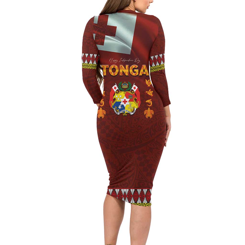 Tonga Independence Day Long Sleeve Bodycon Dress National Flag and Emblem with Ngatu Art Pattern