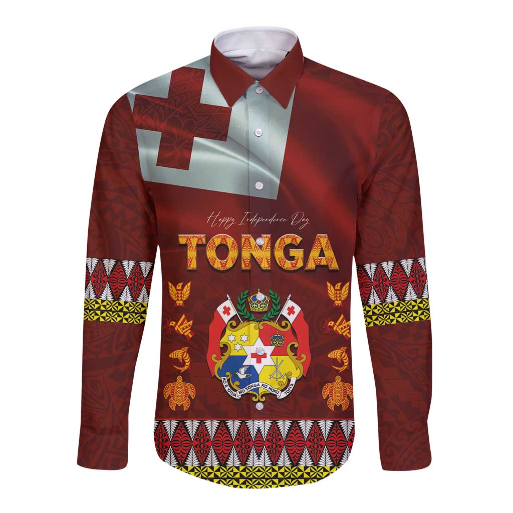 Tonga Independence Day Long Sleeve Button Shirt National Flag and Emblem with Ngatu Art Pattern LT03 Unisex Red - Polynesian Pride