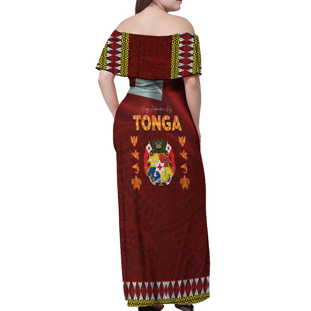 Tonga Independence Day Off Shoulder Maxi Dress National Flag and Emblem with Ngatu Art Pattern