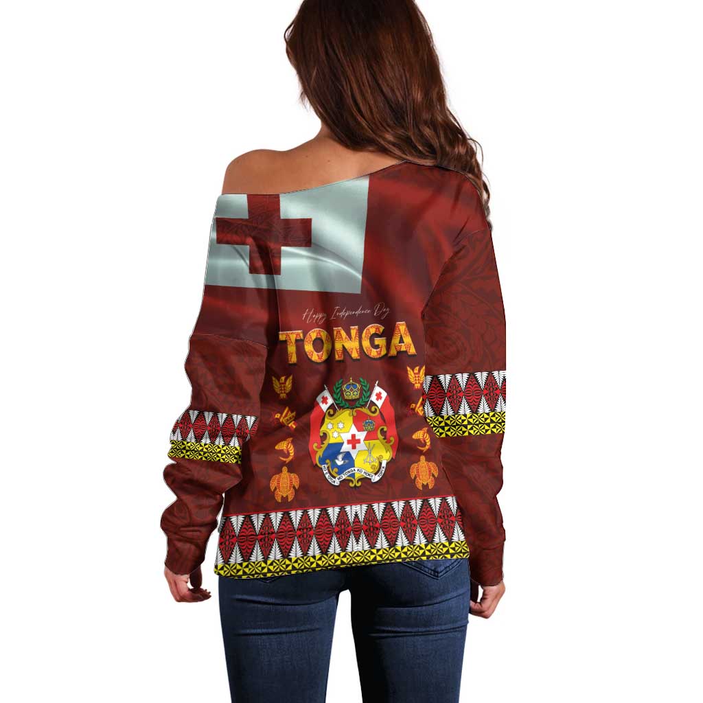 Tonga Independence Day Off Shoulder Sweater National Flag and Emblem with Ngatu Art Pattern