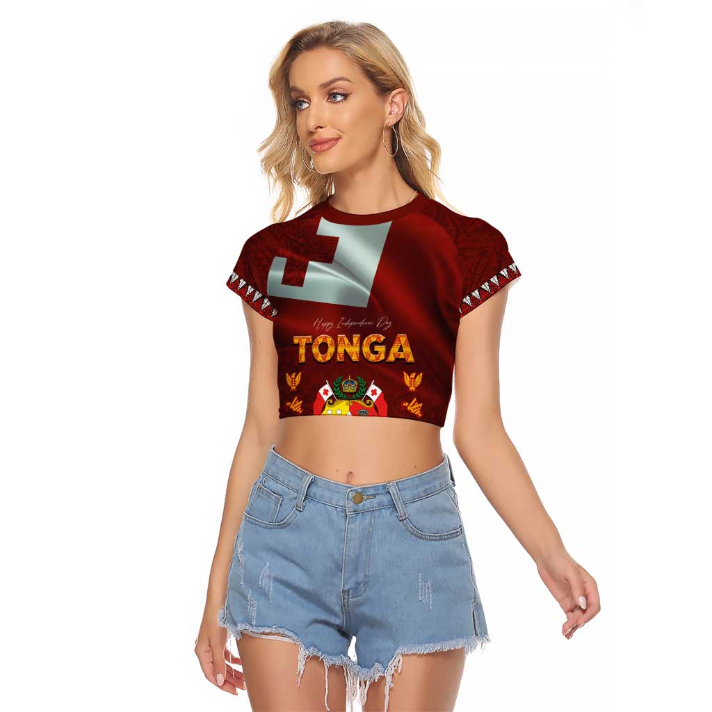 Tonga Independence Day Raglan Cropped T Shirt National Flag and Emblem with Ngatu Art Pattern LT03 Female Red - Polynesian Pride