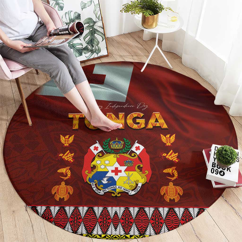 Tonga Independence Day Round Carpet National Flag and Emblem with Ngatu Art Pattern LT03 - Polynesian Pride