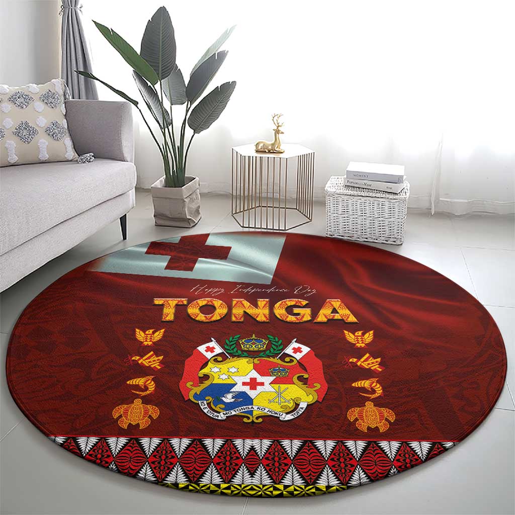 Tonga Independence Day Round Carpet National Flag and Emblem with Ngatu Art Pattern LT03 - Polynesian Pride