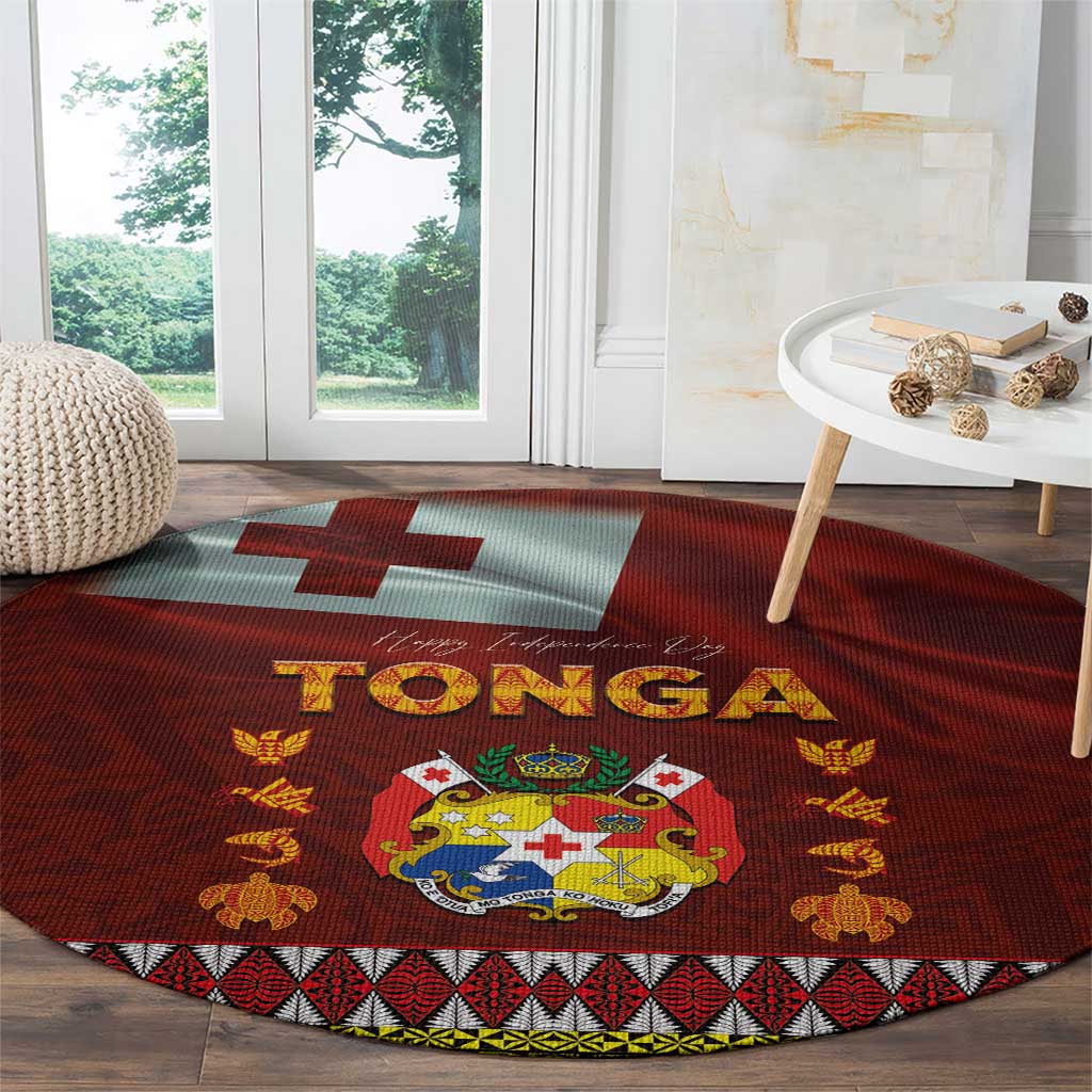 Tonga Independence Day Round Carpet National Flag and Emblem with Ngatu Art Pattern LT03 - Polynesian Pride