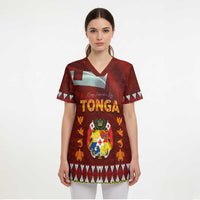 Tonga Independence Day Scrub Top National Flag and Emblem with Ngatu Art Pattern - Polynesian Pride