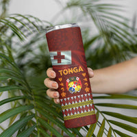 Tonga Independence Day Skinny Tumbler National Flag and Emblem with Ngatu Art Pattern