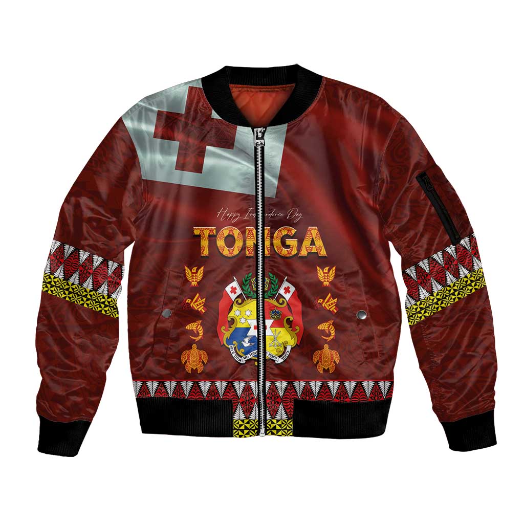 Tonga Independence Day Sleeve Zip Bomber Jacket National Flag and Emblem with Ngatu Art Pattern LT03 Unisex Red - Polynesian Pride