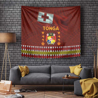 Tonga Independence Day Tapestry National Flag and Emblem with Ngatu Art Pattern LT03 Red - Polynesian Pride