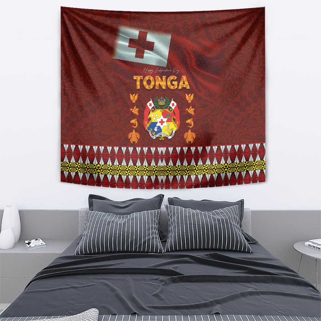 Tonga Independence Day Tapestry National Flag and Emblem with Ngatu Art Pattern LT03 - Polynesian Pride