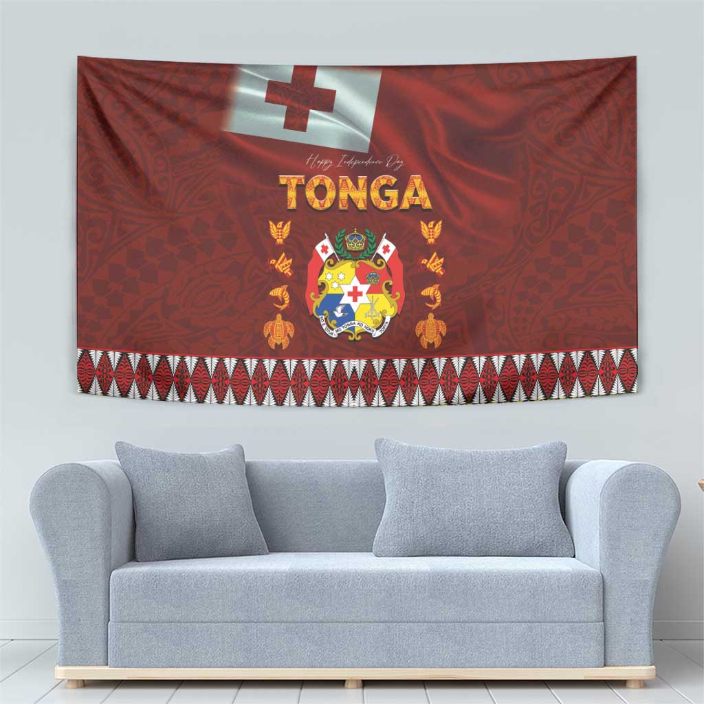 Tonga Independence Day Tapestry National Flag and Emblem with Ngatu Art Pattern LT03 - Polynesian Pride