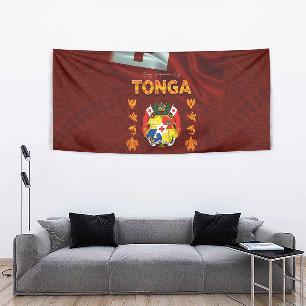 Tonga Independence Day Tapestry National Flag and Emblem with Ngatu Art Pattern LT03 - Polynesian Pride