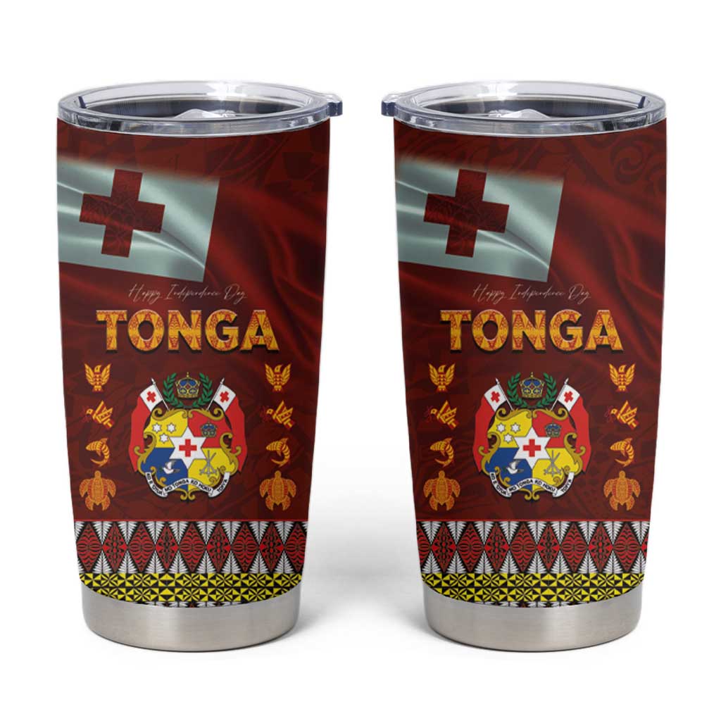 Tonga Independence Day Tumbler Cup National Flag and Emblem with Ngatu Art Pattern
