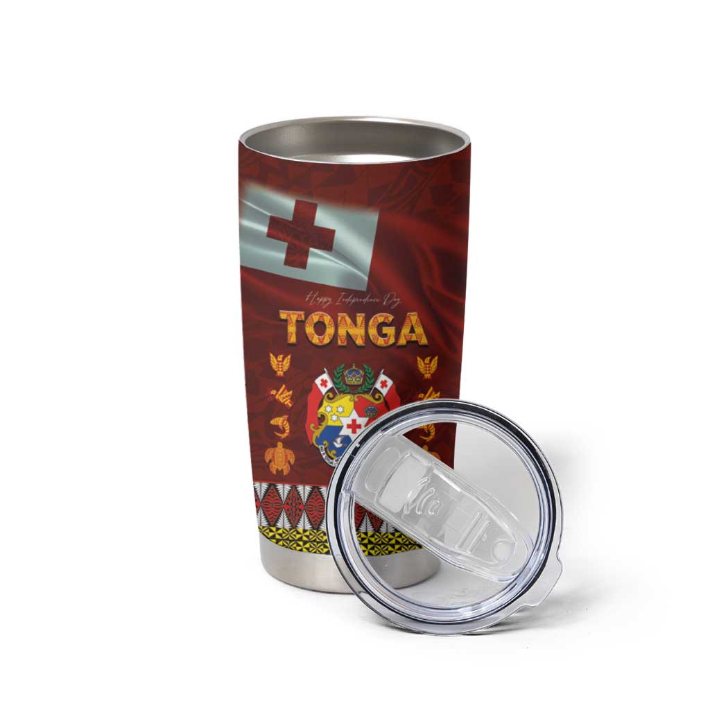 Tonga Independence Day Tumbler Cup National Flag and Emblem with Ngatu Art Pattern