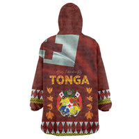 Tonga Independence Day Wearable Blanket Hoodie National Flag and Emblem with Ngatu Art Pattern