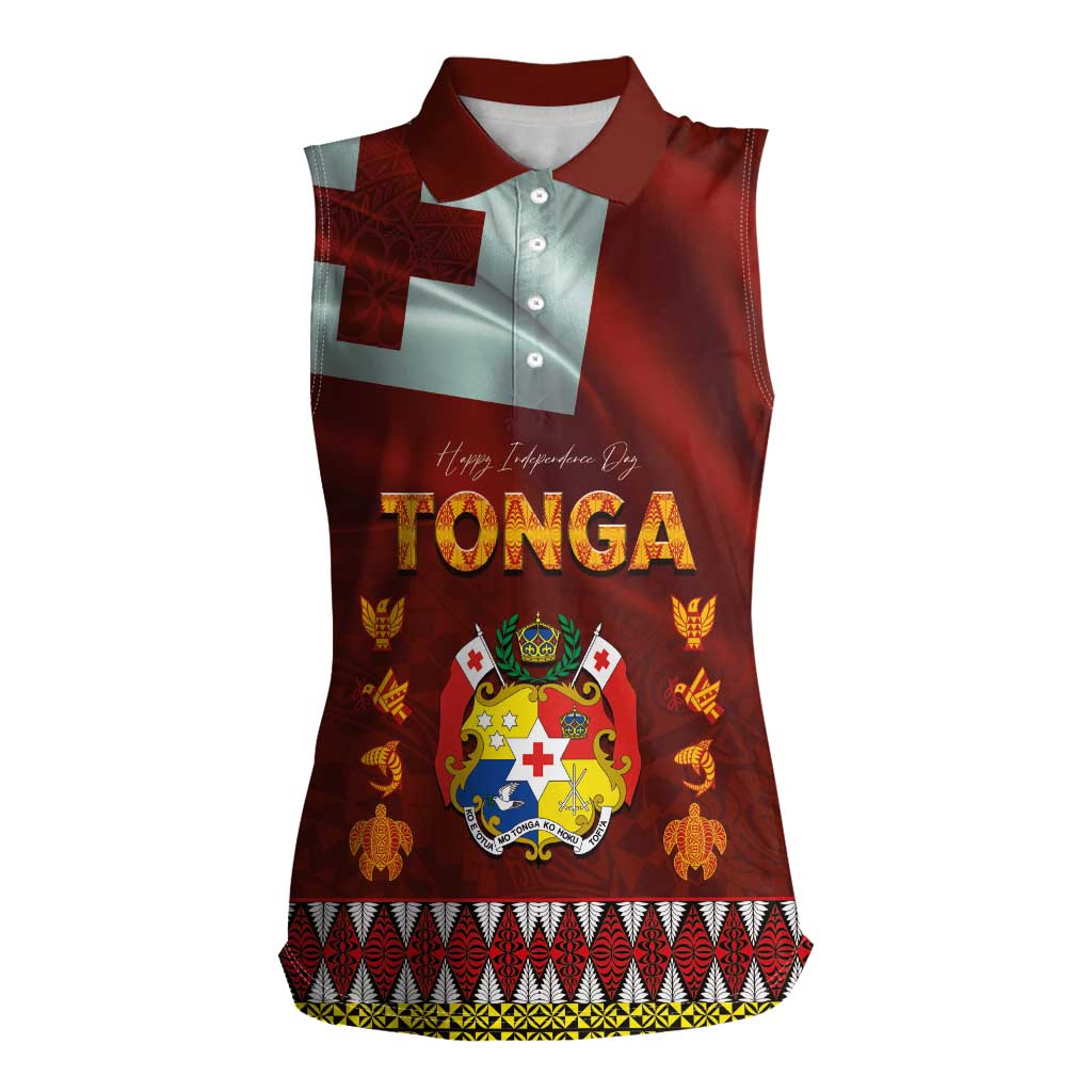 Tonga Independence Day Women Sleeveless Polo Shirt National Flag and Emblem with Ngatu Art Pattern LT03 Female Red - Polynesian Pride
