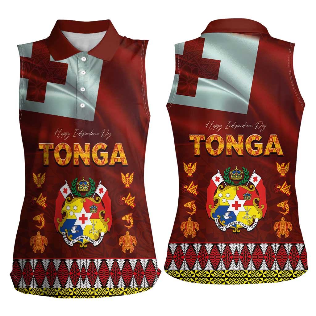 Tonga Independence Day Women Sleeveless Polo Shirt National Flag and Emblem with Ngatu Art Pattern LT03 - Polynesian Pride
