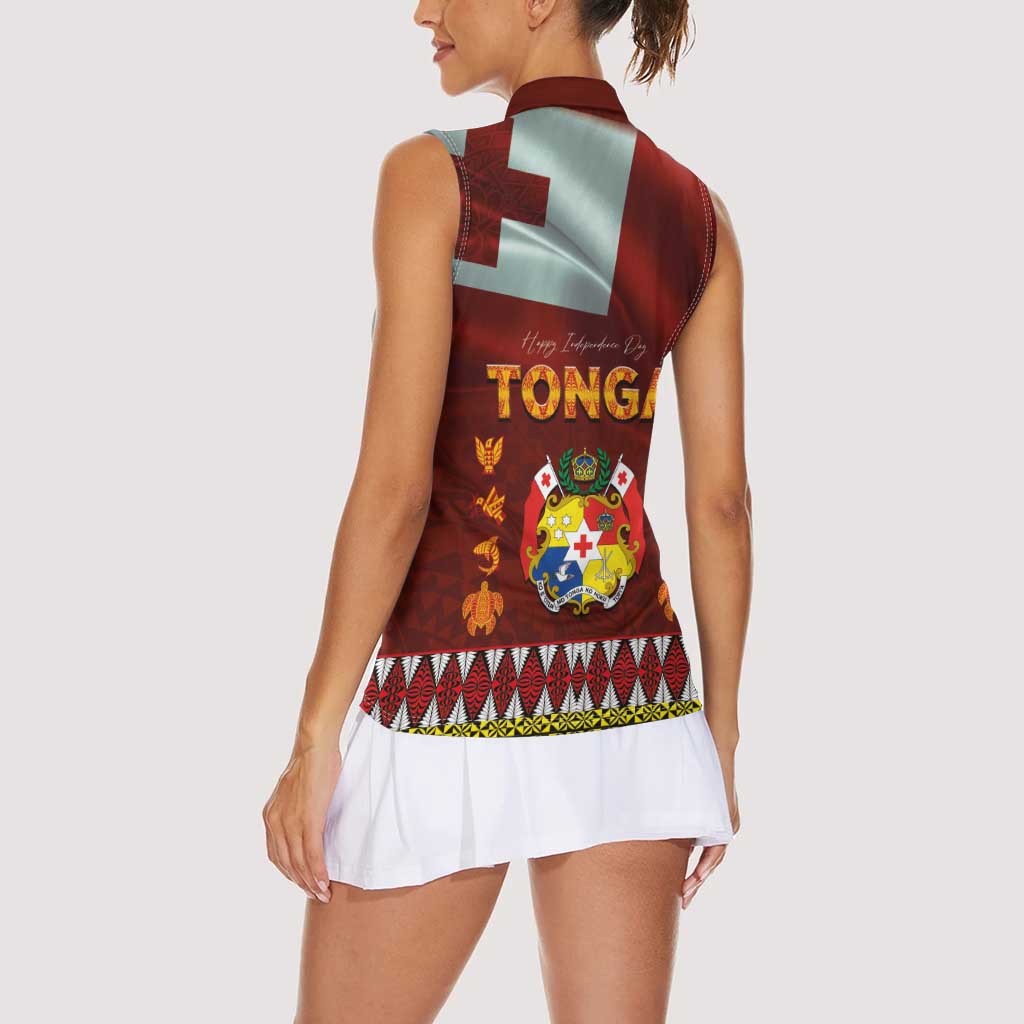 Tonga Independence Day Women Sleeveless Polo Shirt National Flag and Emblem with Ngatu Art Pattern LT03 - Polynesian Pride