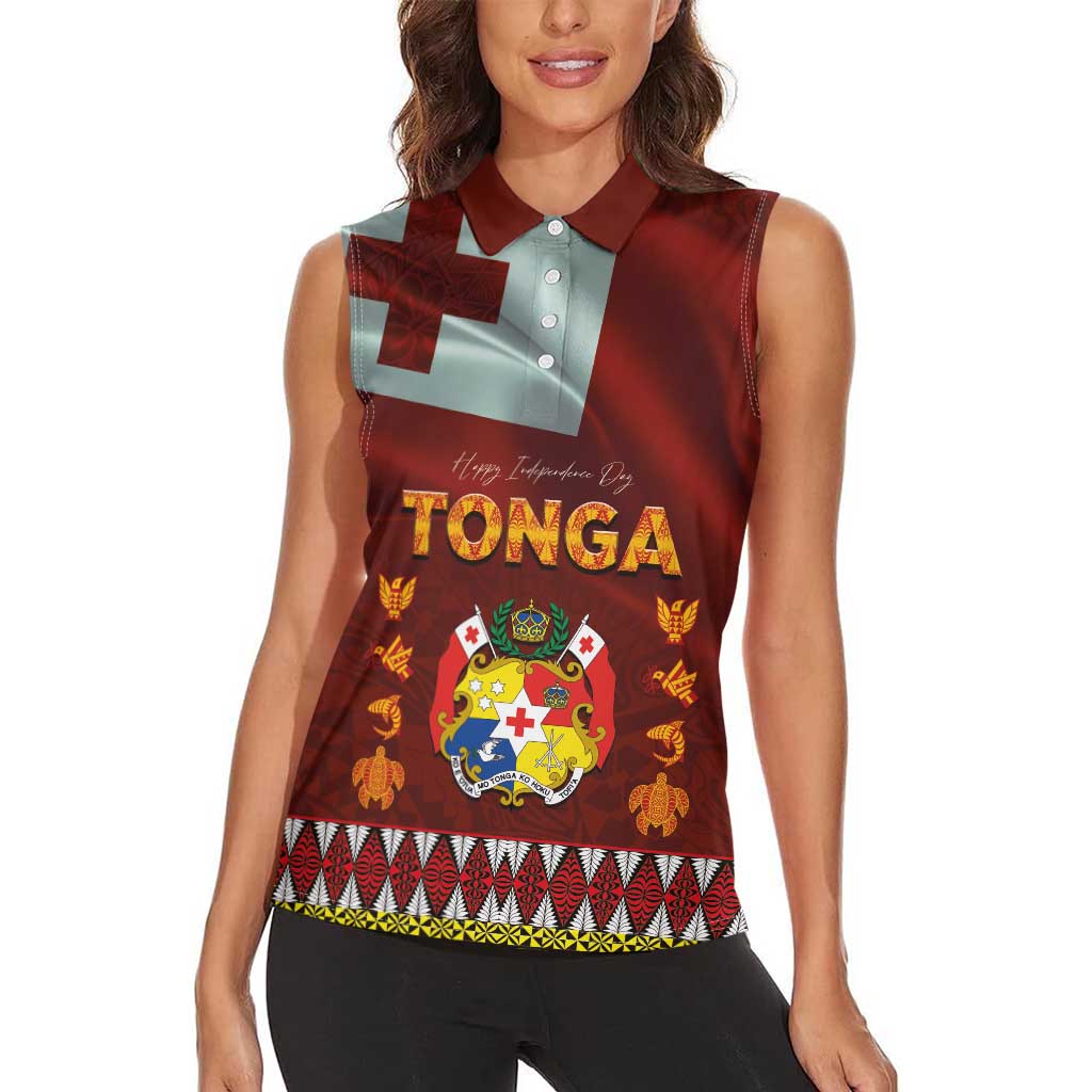 Tonga Independence Day Women Sleeveless Polo Shirt National Flag and Emblem with Ngatu Art Pattern LT03 - Polynesian Pride