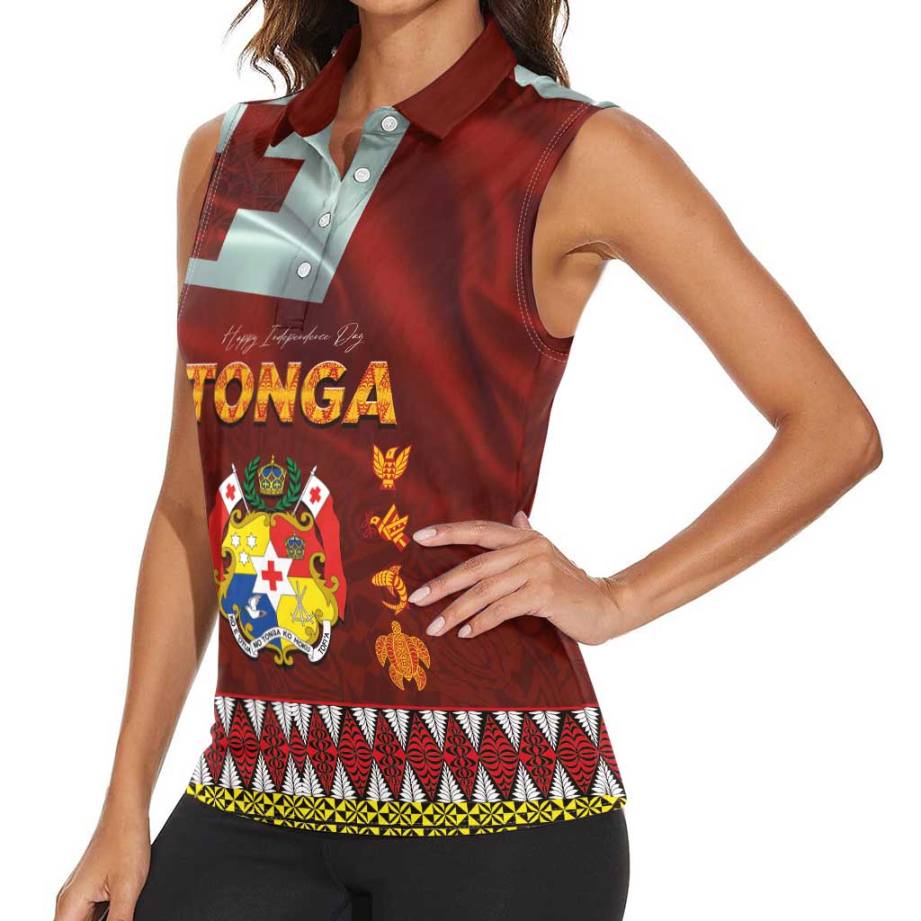 Tonga Independence Day Women Sleeveless Polo Shirt National Flag and Emblem with Ngatu Art Pattern LT03 - Polynesian Pride