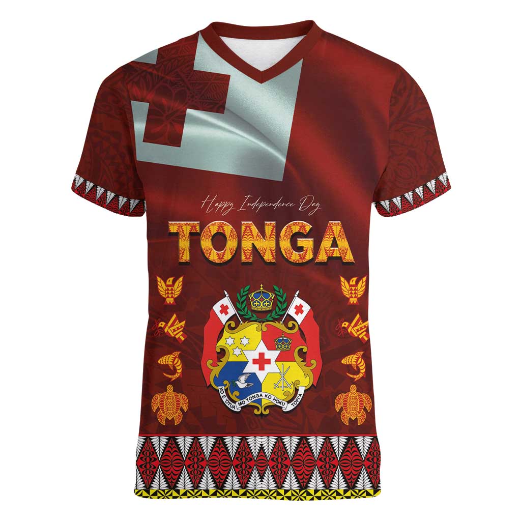 Tonga Independence Day Women V-Neck T-Shirt National Flag and Emblem with Ngatu Art Pattern LT03 Female Red - Polynesian Pride