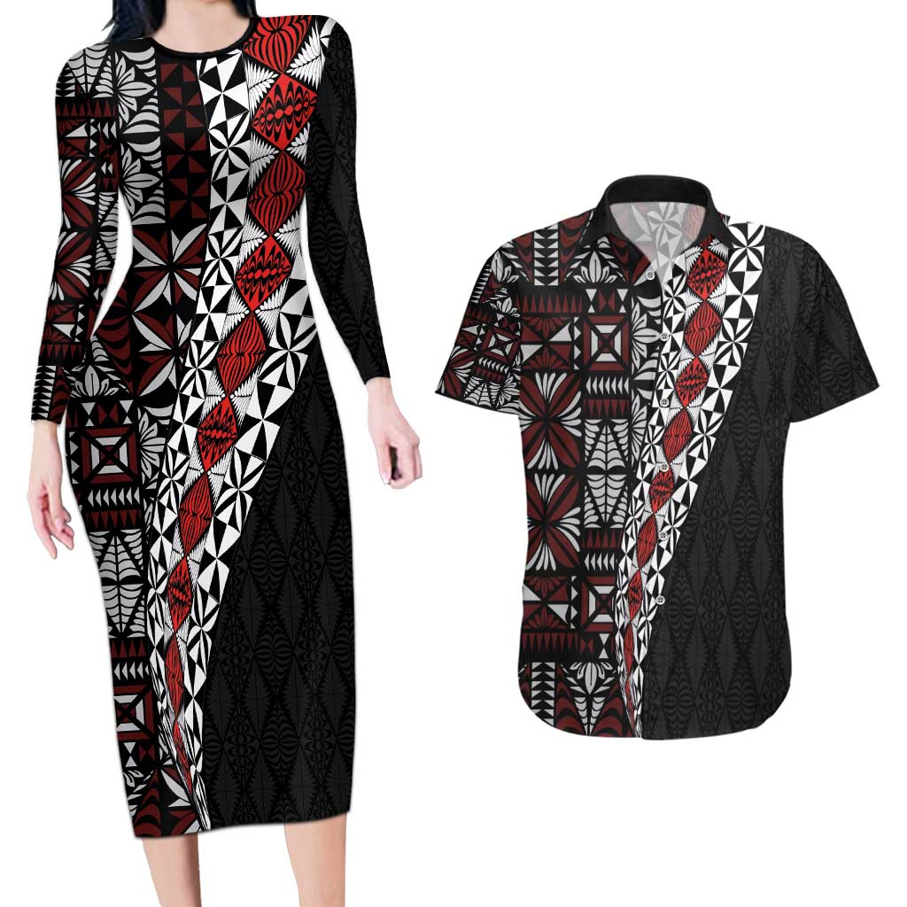 Tonga Ngatu Art Tattoo Polynesian Couples Matching Long Sleeve Bodycon Dress and Hawaiian Shirt LT03 Black - Polynesian Pride
