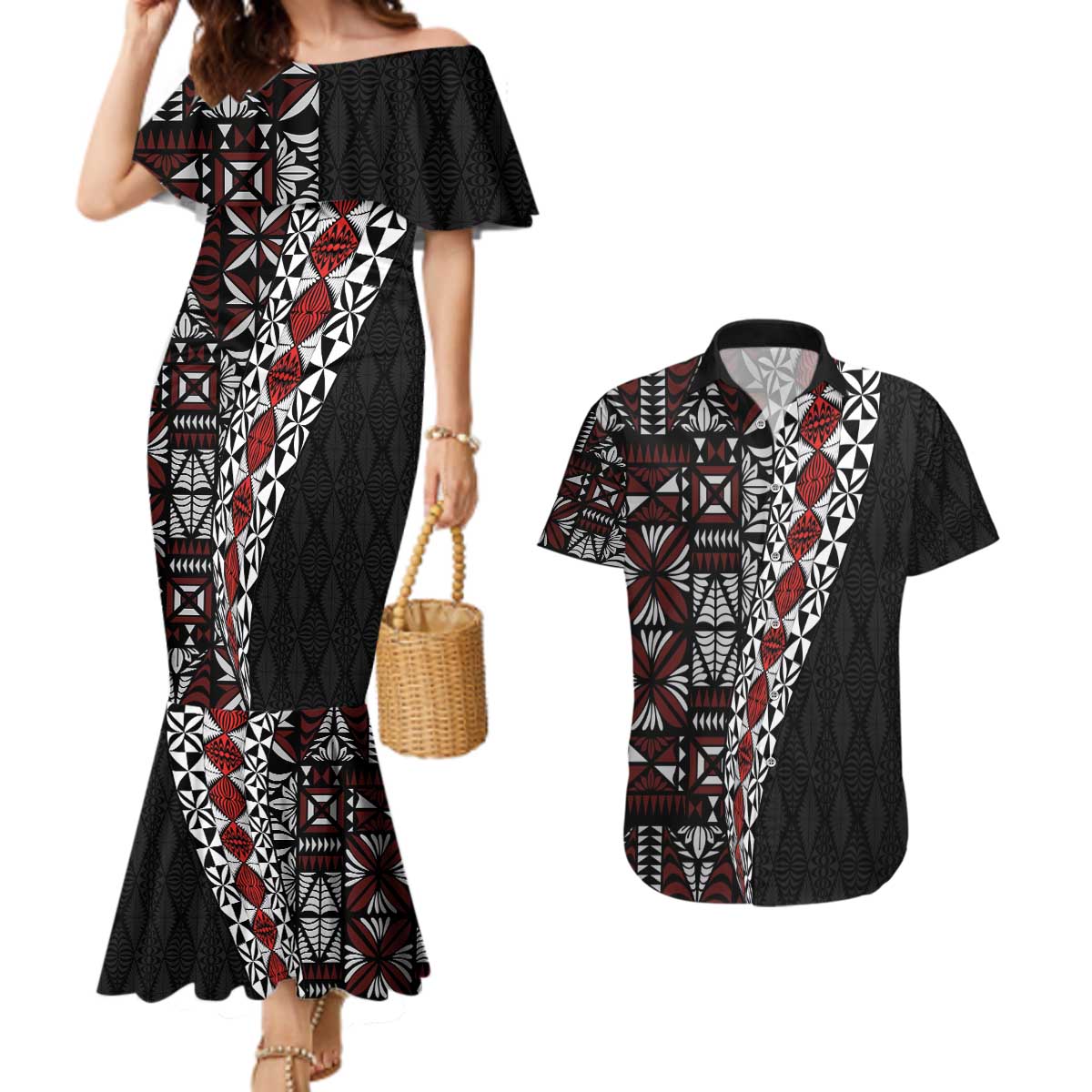 Tonga Ngatu Art Tattoo Polynesian Couples Matching Mermaid Dress and Hawaiian Shirt LT03 Black - Polynesian Pride