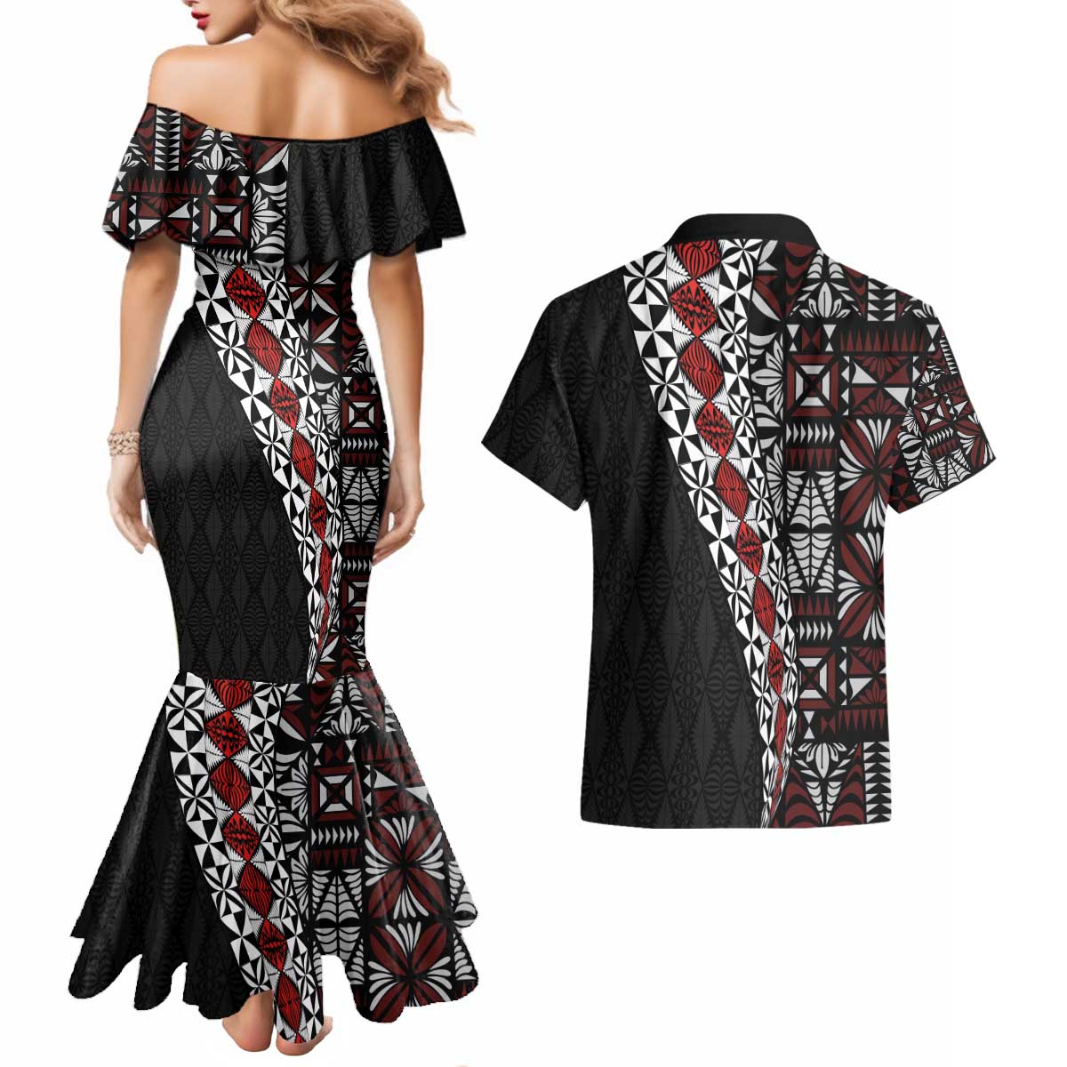 Tonga Ngatu Art Tattoo Polynesian Couples Matching Mermaid Dress and Hawaiian Shirt