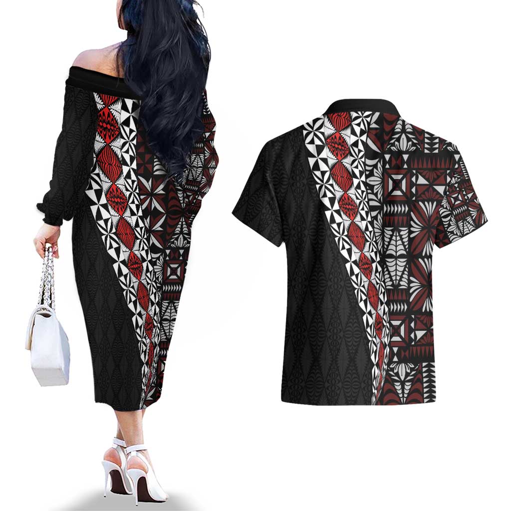 Tonga Ngatu Art Tattoo Polynesian Couples Matching Off The Shoulder Long Sleeve Dress and Hawaiian Shirt