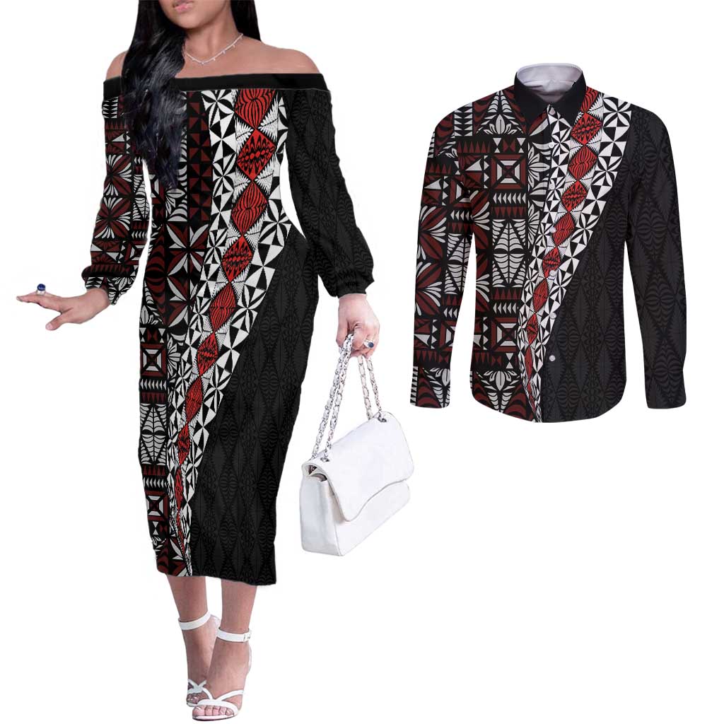 Tonga Ngatu Art Tattoo Polynesian Couples Matching Off The Shoulder Long Sleeve Dress and Long Sleeve Button Shirt LT03 Black - Polynesian Pride
