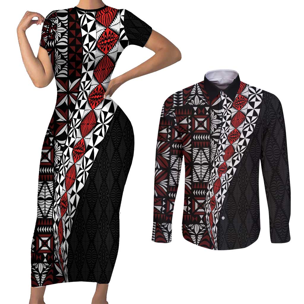 Tonga Ngatu Art Tattoo Polynesian Couples Matching Short Sleeve Bodycon Dress and Long Sleeve Button Shirt LT03 Black - Polynesian Pride