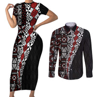 Tonga Ngatu Art Tattoo Polynesian Couples Matching Short Sleeve Bodycon Dress and Long Sleeve Button Shirt