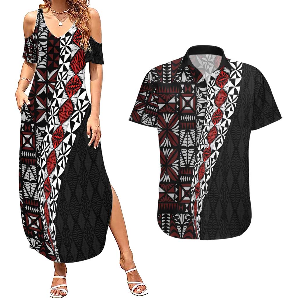Tonga Ngatu Art Tattoo Polynesian Couples Matching Summer Maxi Dress and Hawaiian Shirt LT03 Black - Polynesian Pride