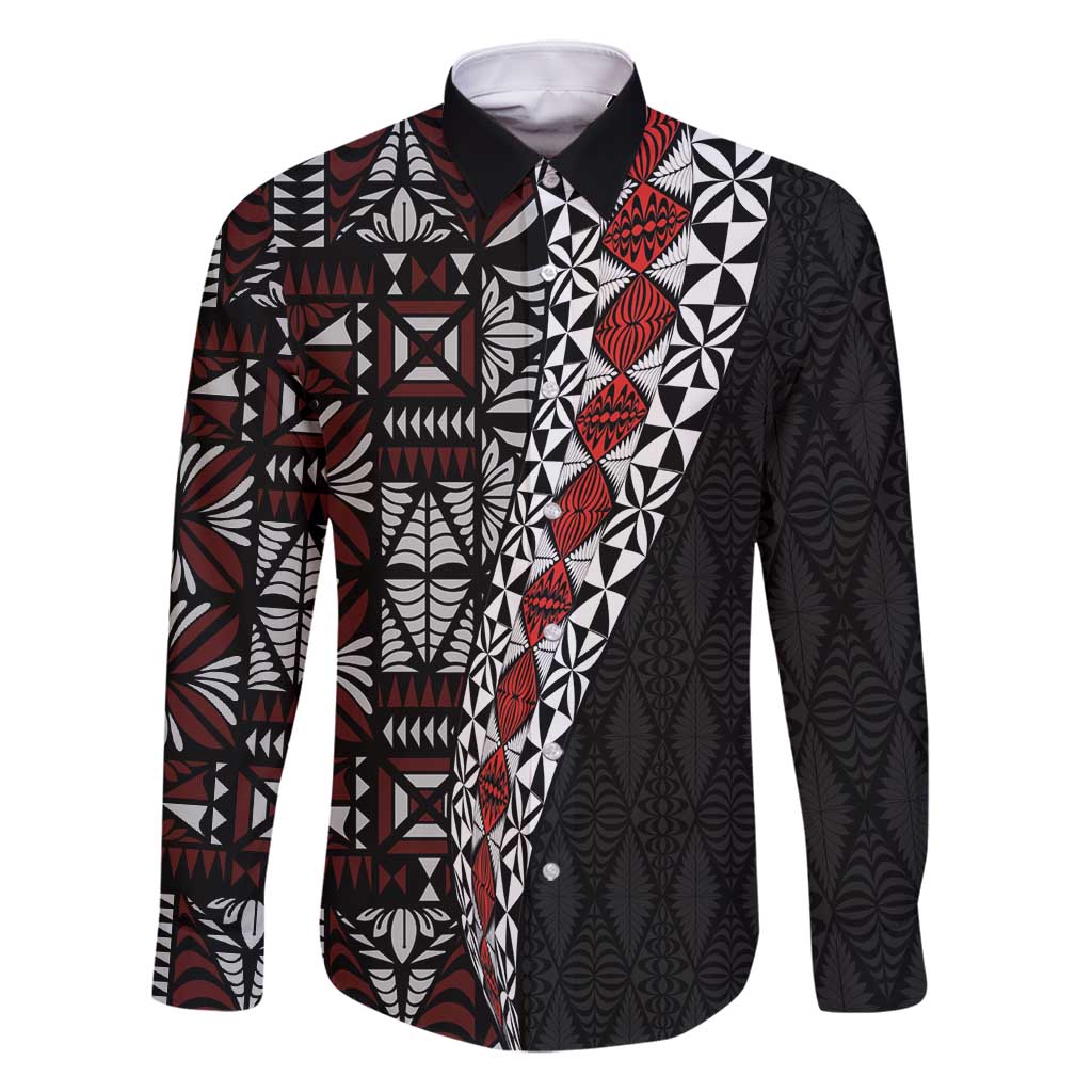 Tonga Ngatu Art Tattoo Polynesian Family Matching Long Sleeve Bodycon Dress and Hawaiian Shirt LT03 Dad's Shirt - Long Sleeve Black - Polynesian Pride