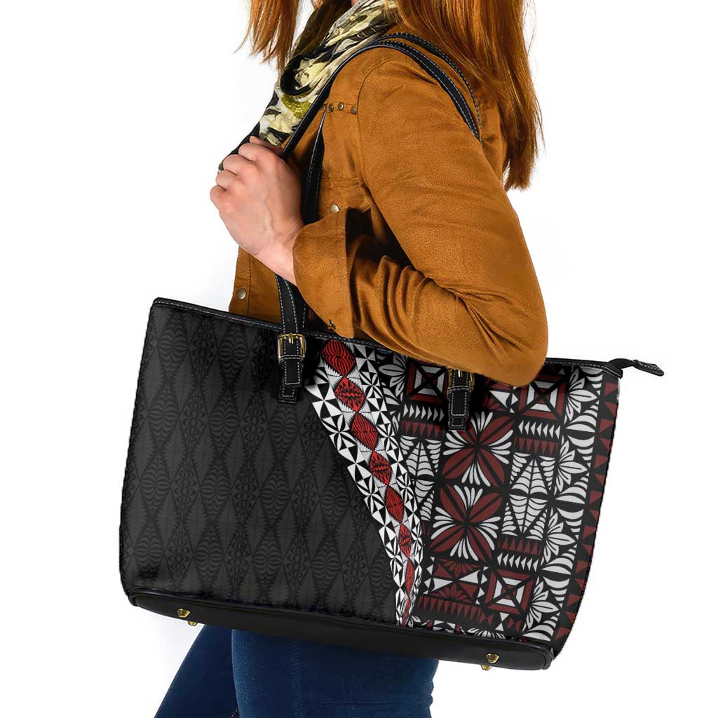 Tonga Ngatu Art Tattoo Polynesian Leather Tote Bag LT03 Black - Polynesian Pride