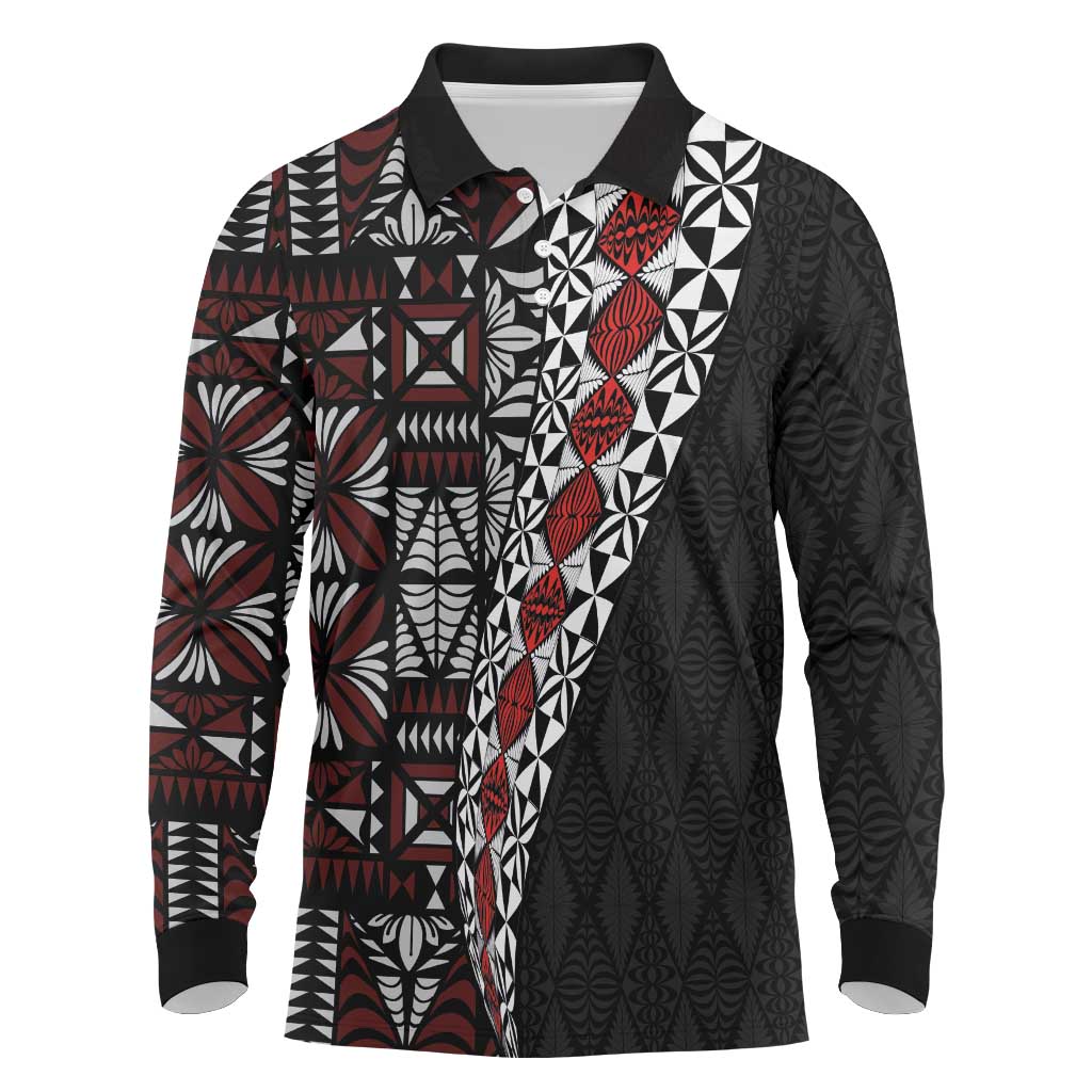 Tonga Ngatu Art Tattoo Polynesian Long Sleeve Polo Shirt LT03 Black - Polynesian Pride