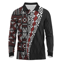 Tonga Ngatu Art Tattoo Polynesian Long Sleeve Polo Shirt LT03 Black - Polynesian Pride