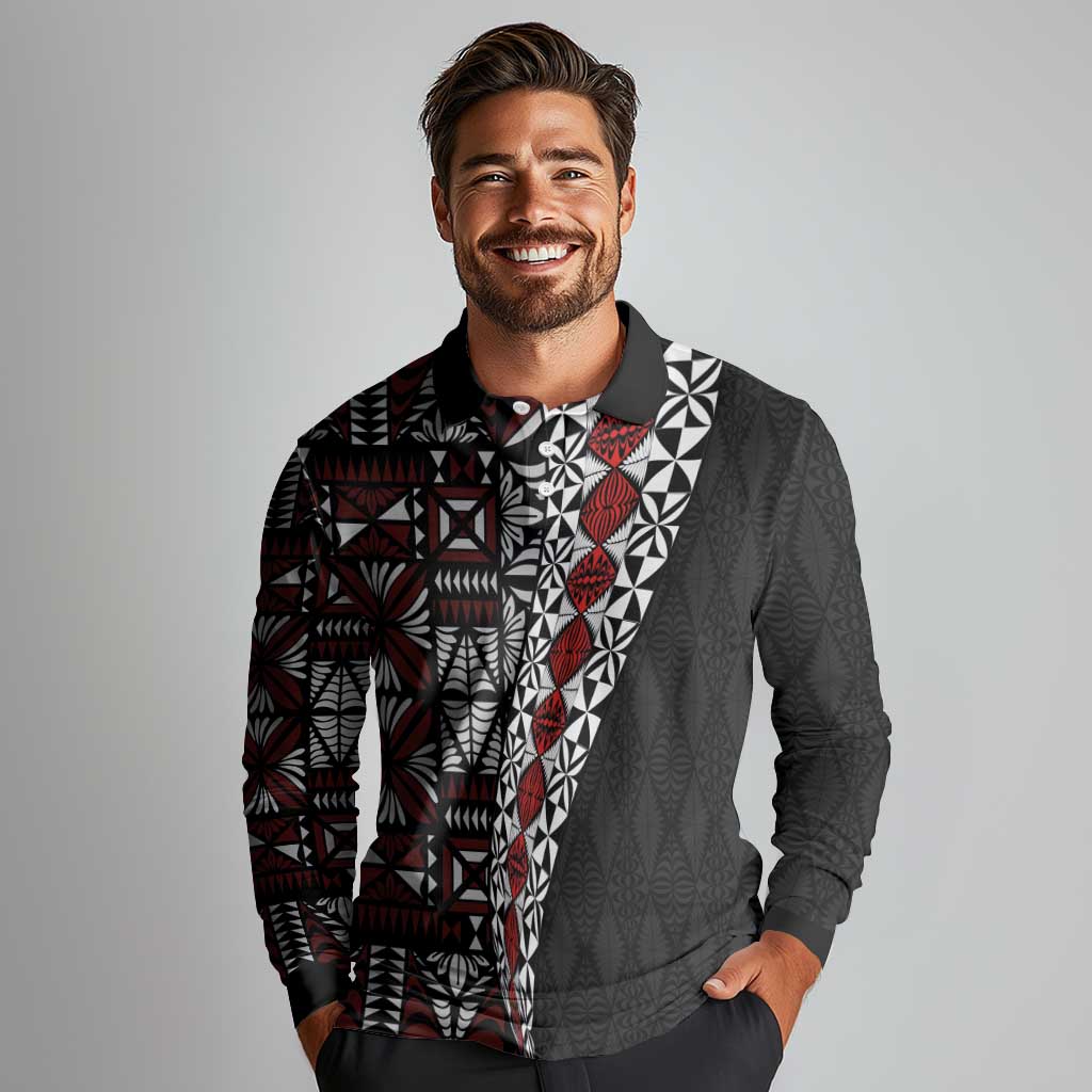 Tonga Ngatu Art Tattoo Polynesian Long Sleeve Polo Shirt LT03 - Polynesian Pride