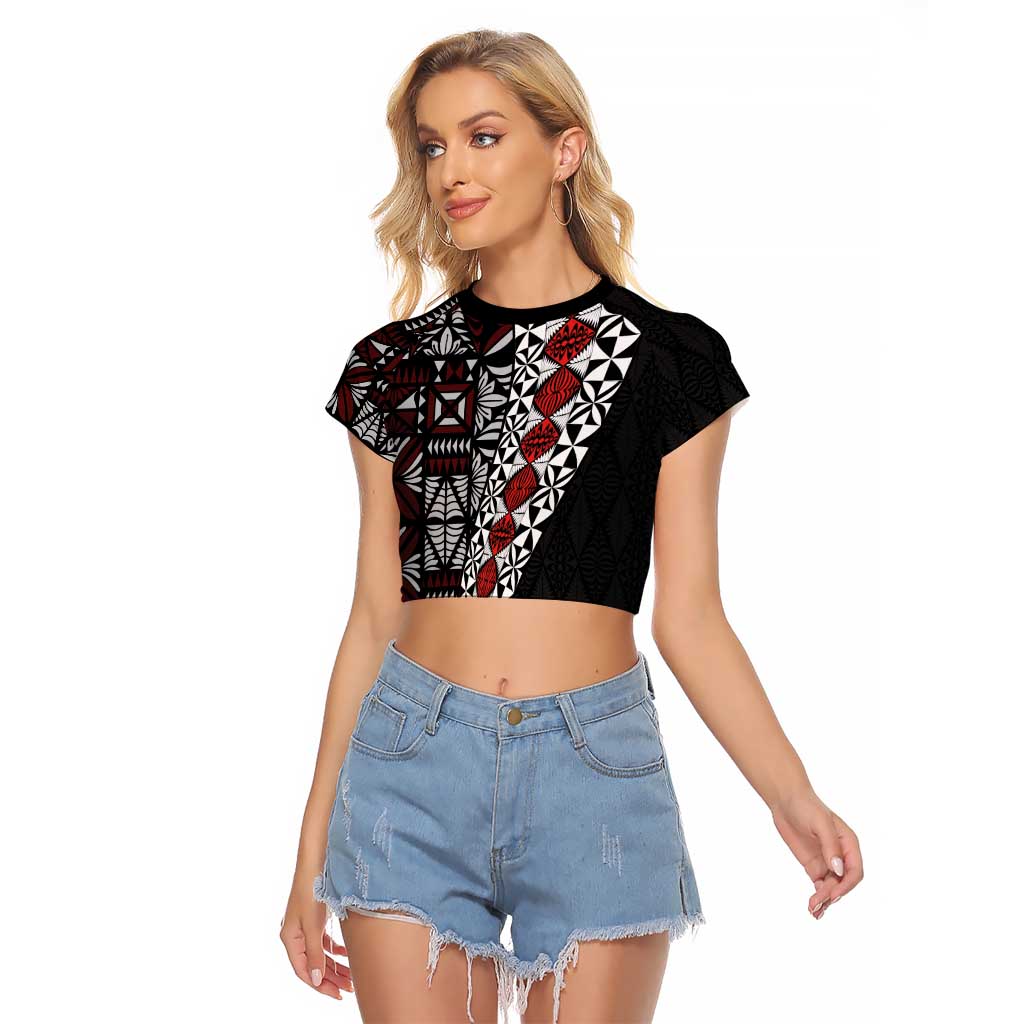 Tonga Ngatu Art Tattoo Polynesian Raglan Cropped T Shirt LT03 Female Black - Polynesian Pride