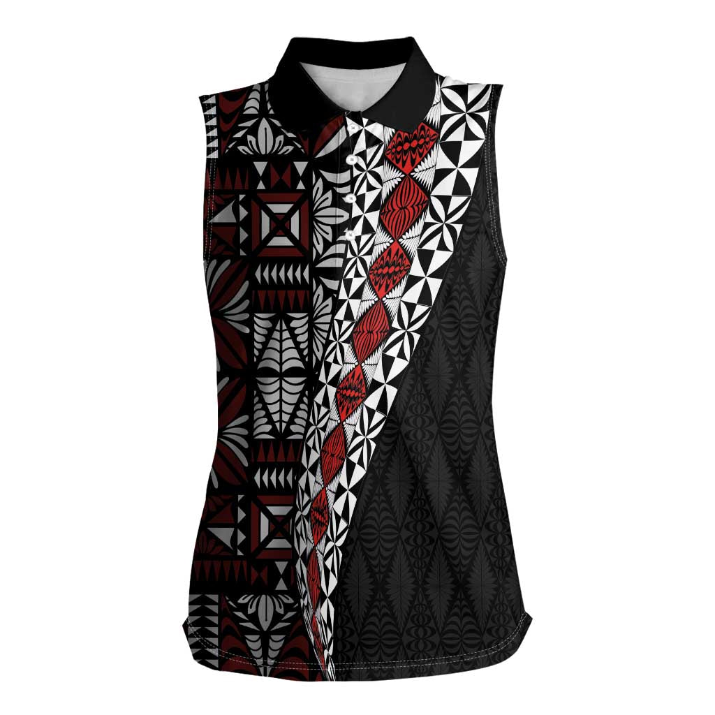 Tonga Ngatu Art Tattoo Polynesian Women Sleeveless Polo Shirt LT03 Female Black - Polynesian Pride
