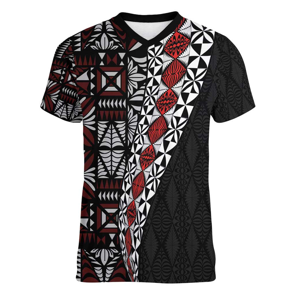 Tonga Ngatu Art Tattoo Polynesian Women V-Neck T-Shirt LT03 Female Black - Polynesian Pride