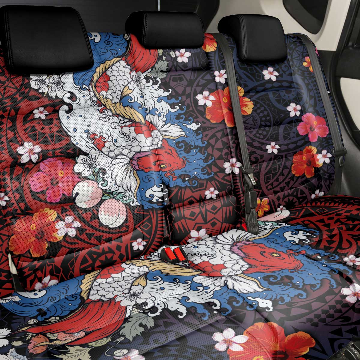Hawaiian and Japanese Together Back Car Seat Cover Hibiscus and Koi Fish Polynesian Pattern Colorful Style