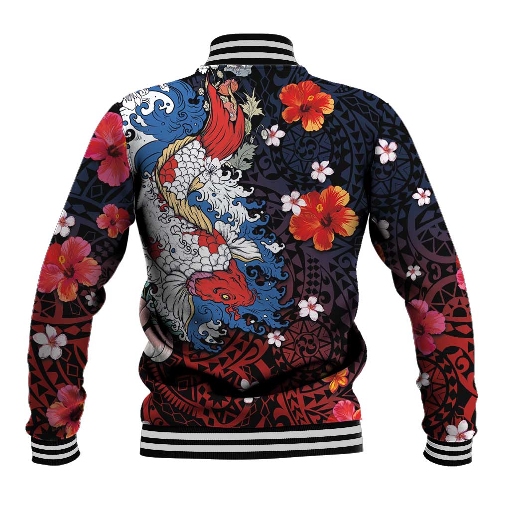 Hawaiian and Japanese Together Baseball Jacket Hibiscus and Koi Fish Polynesian Pattern Colorful Style