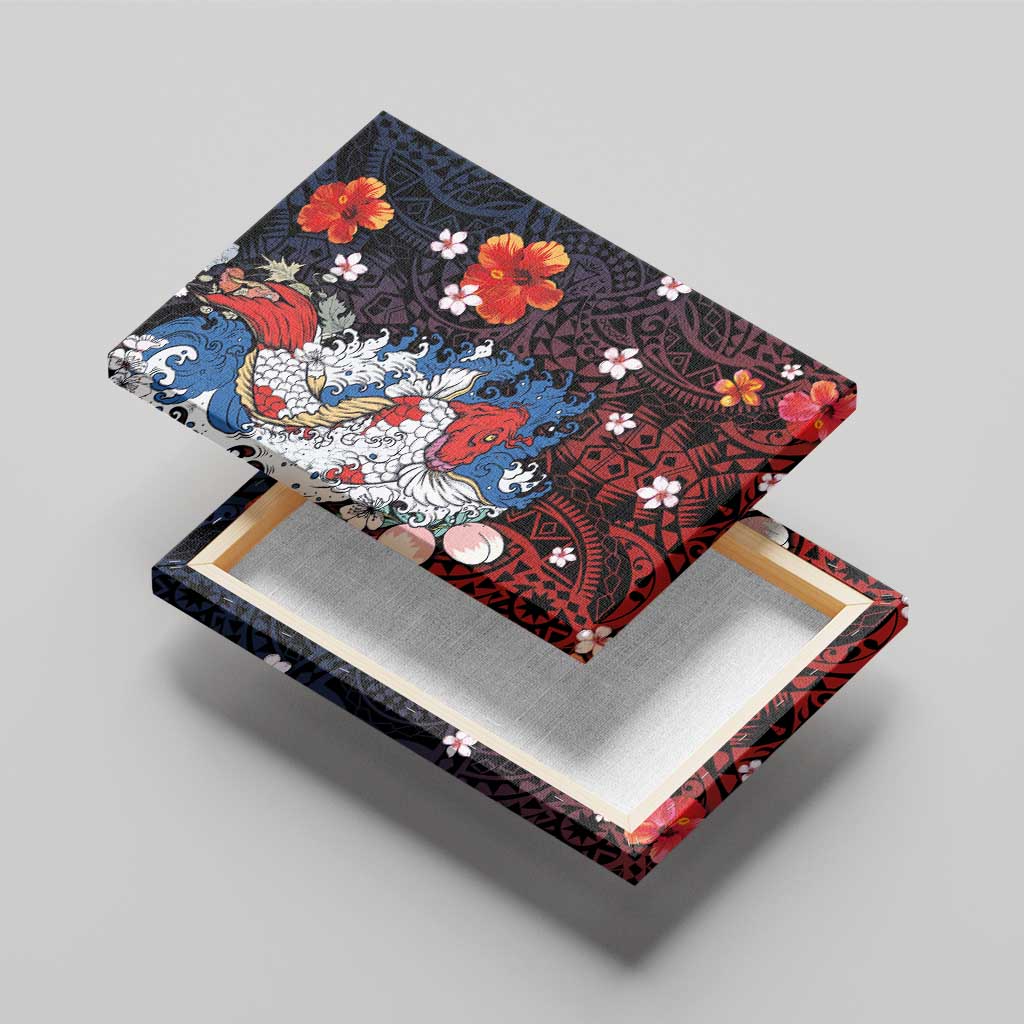 Hawaiian and Japanese Together Canvas Wall Art Hibiscus and Koi Fish Polynesian Pattern Colorful Style